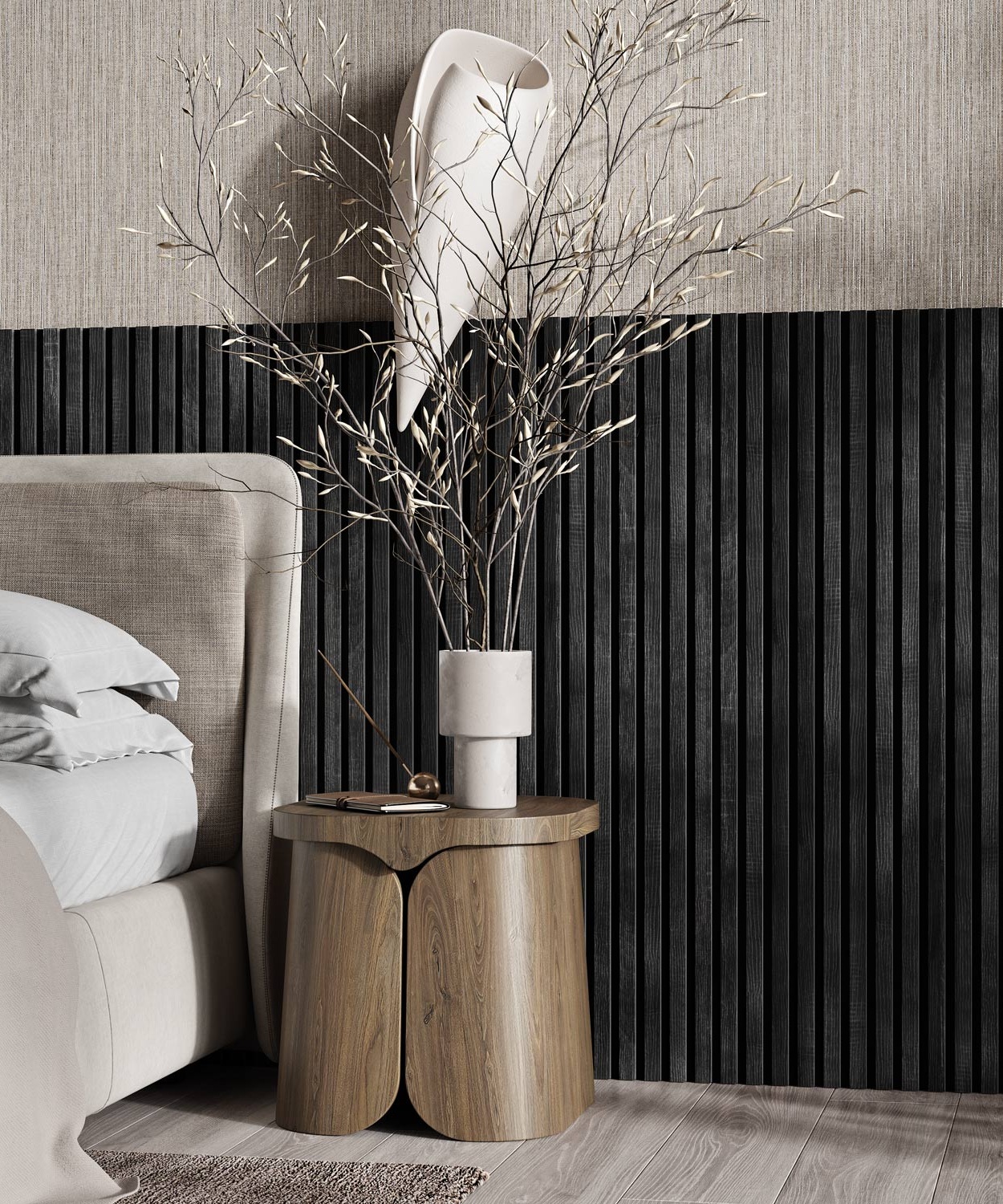 МДФ стеновая панель акустическая Cosca Decor Сканди Дуб Графит черный войлок 1200×600×19 фото в интерьере